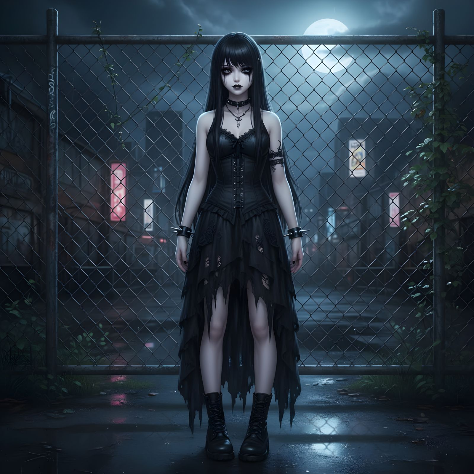 Goth Anime Girl by Metal Fence at Night