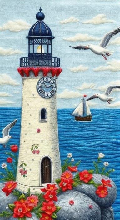 Embroidered Lighthouse Scene with Flowers and Sailing Ship