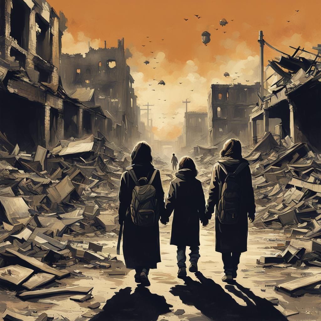 Apocalyptic Poster Art: Families in City Ruins