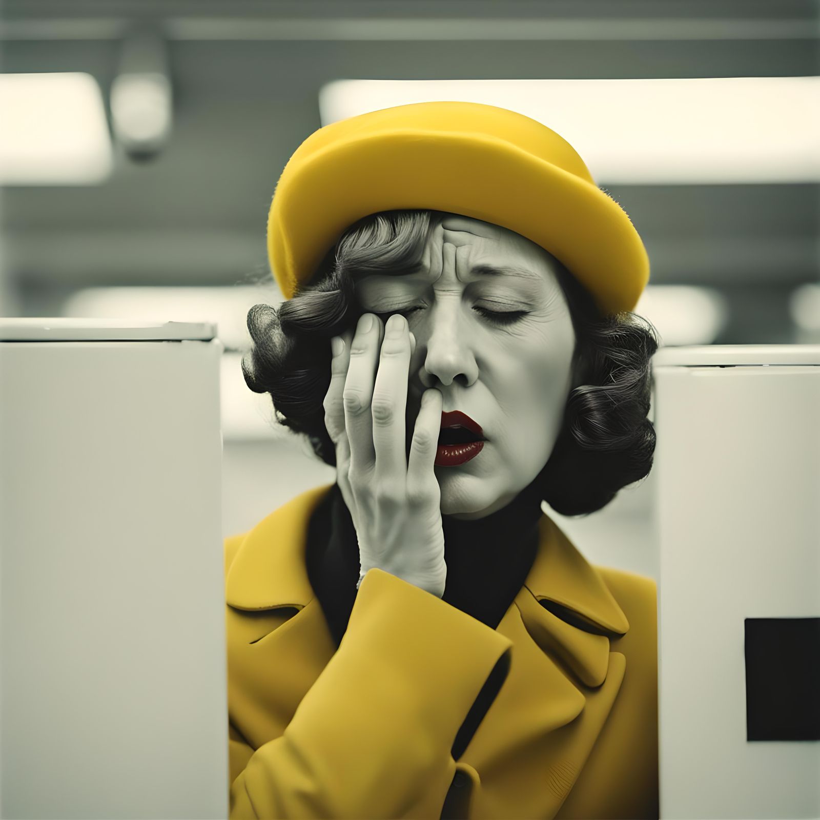 Woman in Yellow Hat Sneezing, Street Photography