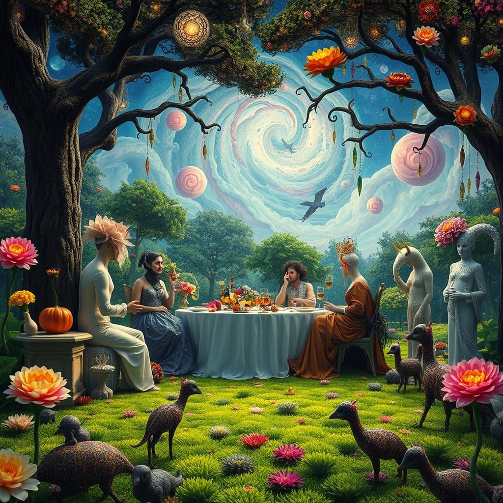 Surreal Garden Party with Towering Flowers