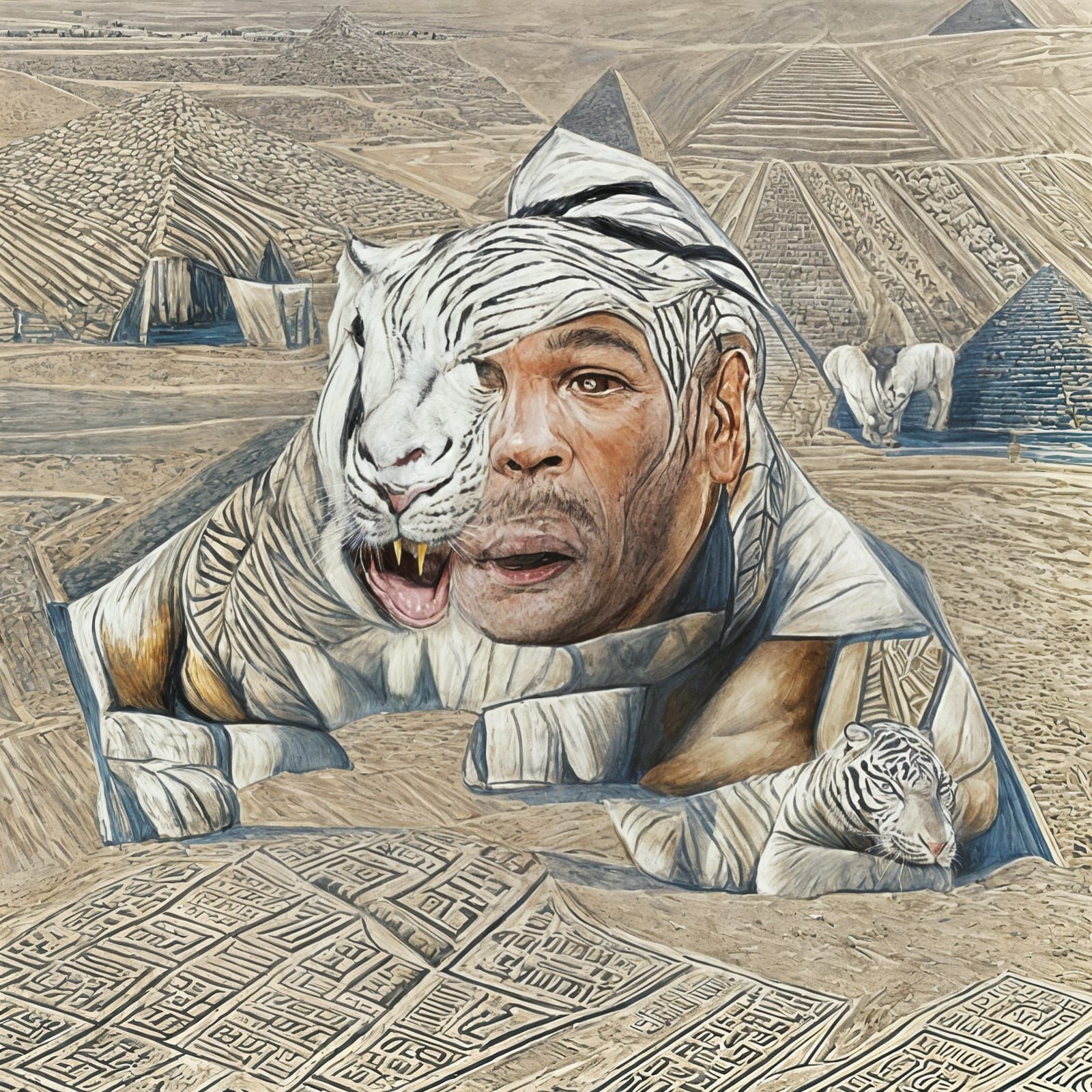 Ancient Pyramid Encounters a Majestic White Tiger in Cyberpu...
