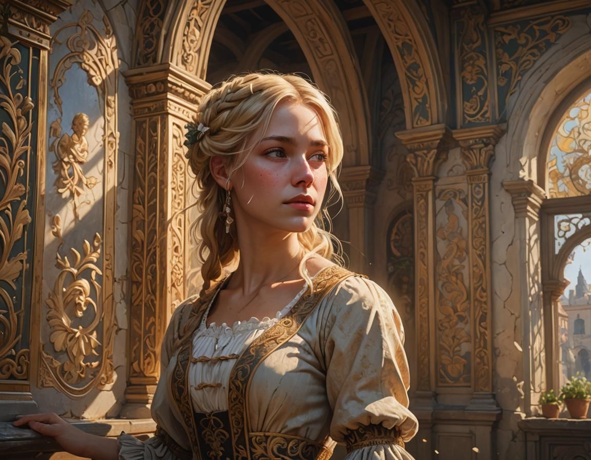 Impacto painting of a blonde peasant girl,