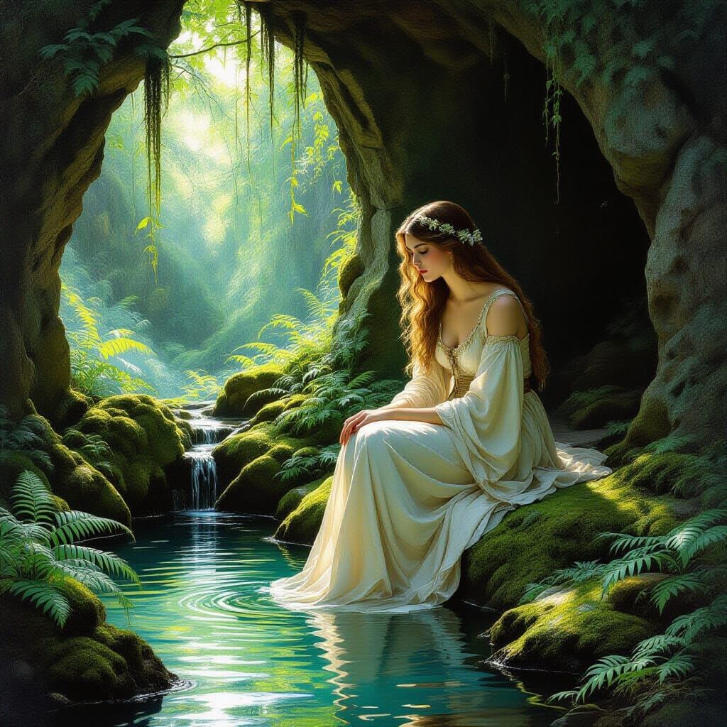 Ethereal Grotto Scene in Pre-Raphaelite Style