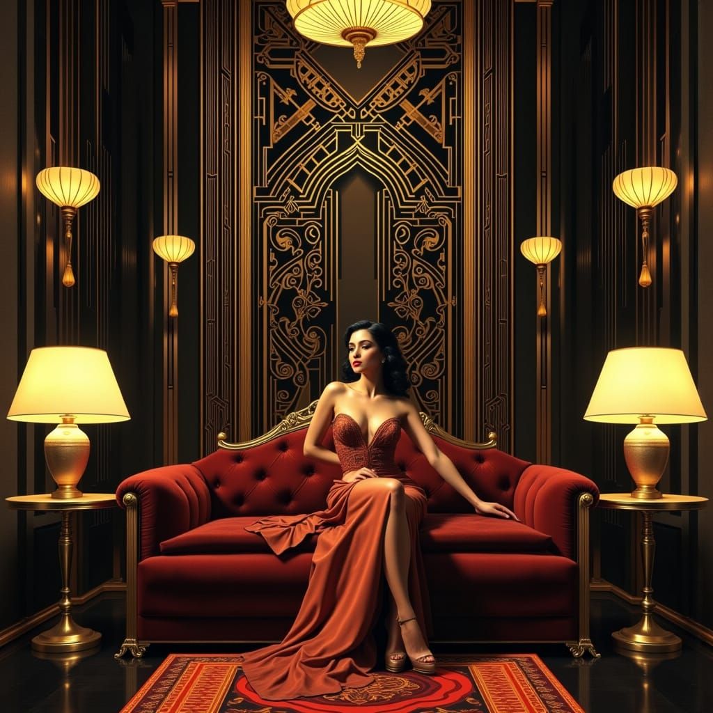 Elegant Woman in Luxurious Art Deco Sitting Room