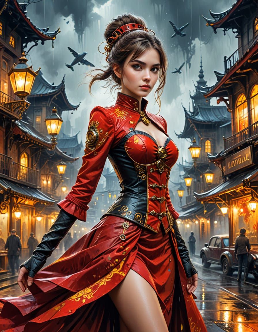 Steampunk Pagoda in Red Dress Flies Plane Over Night City