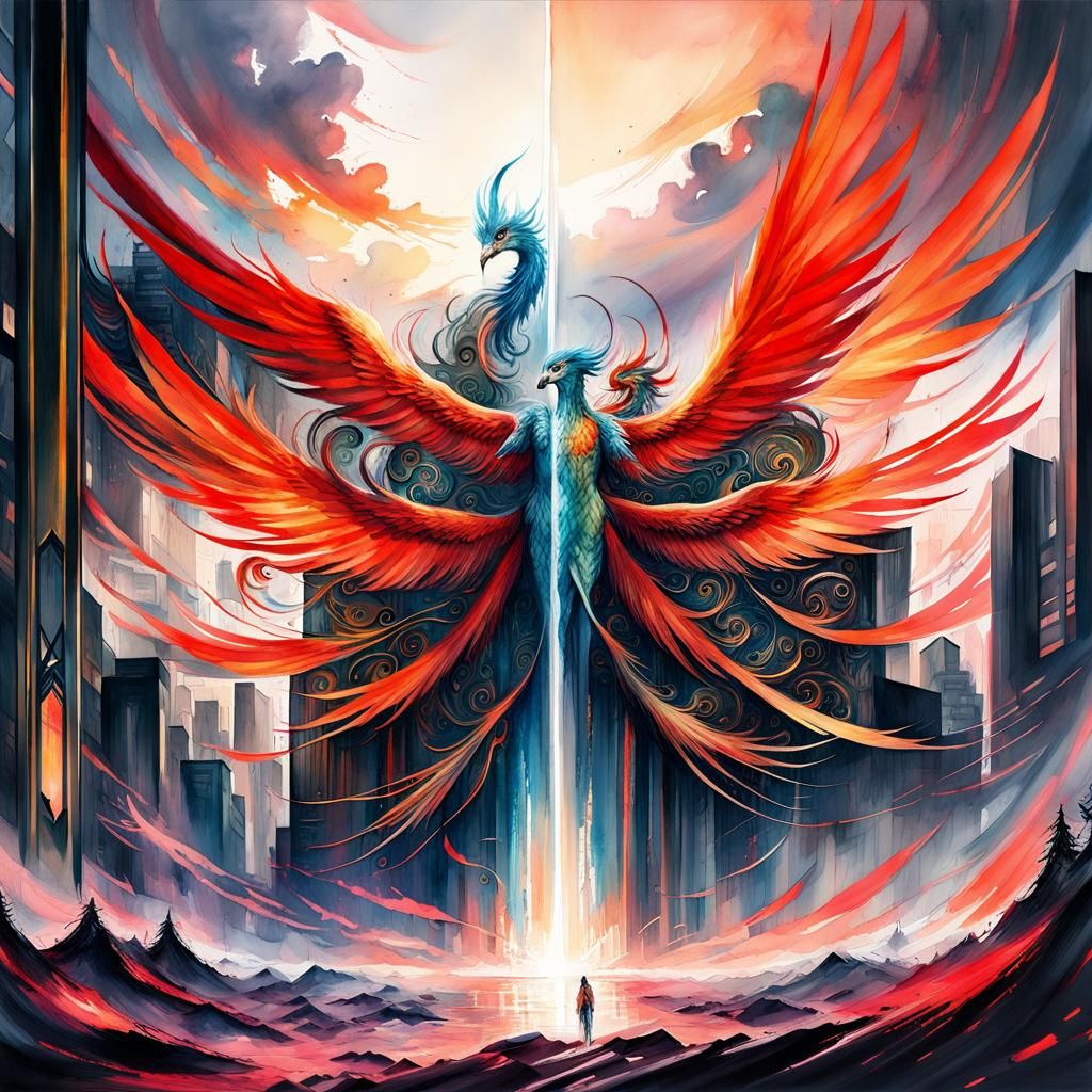 Majestic Chinese Phoenix in Watercolor Illustration