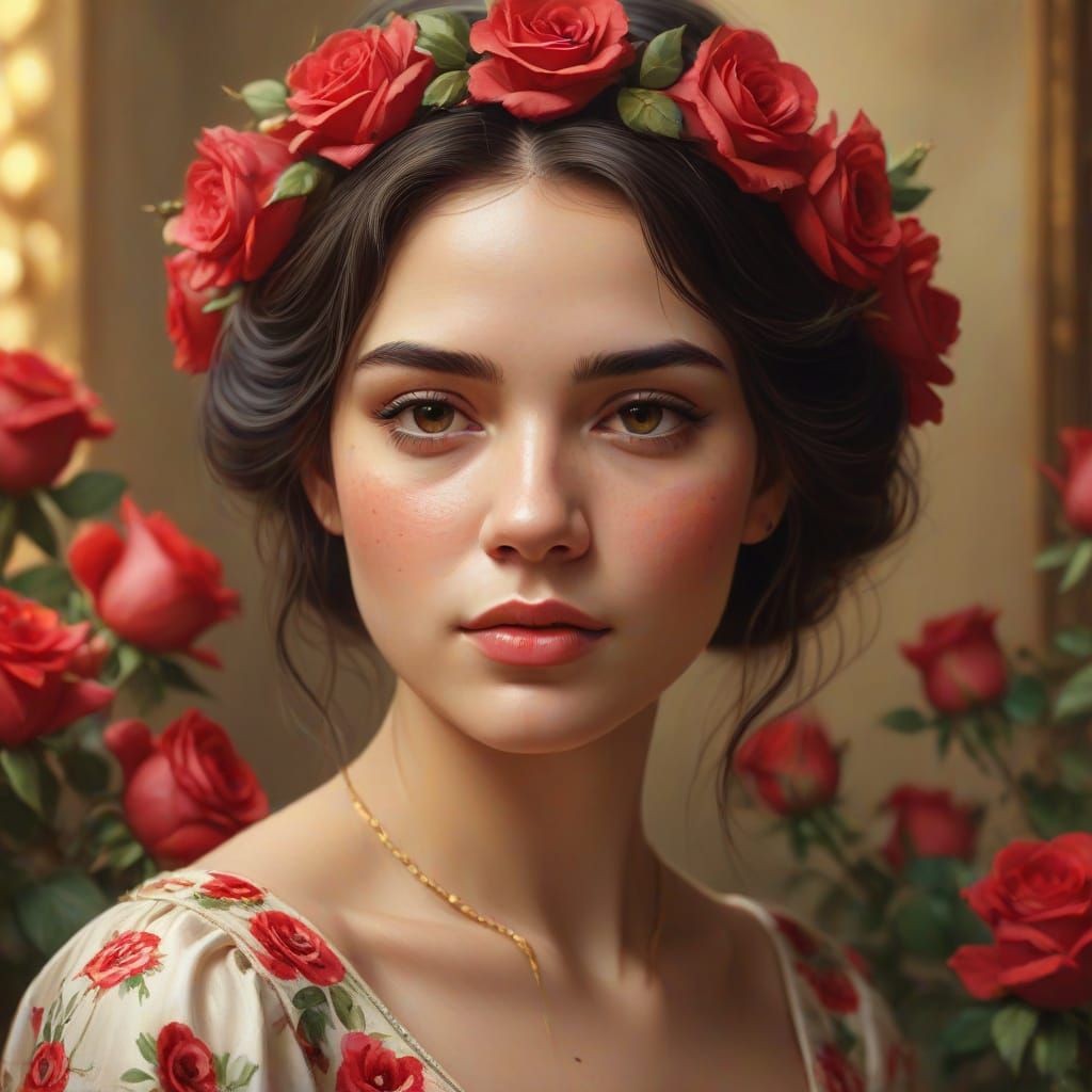 Woman with Roses: A Romantic Realism Oil Painting