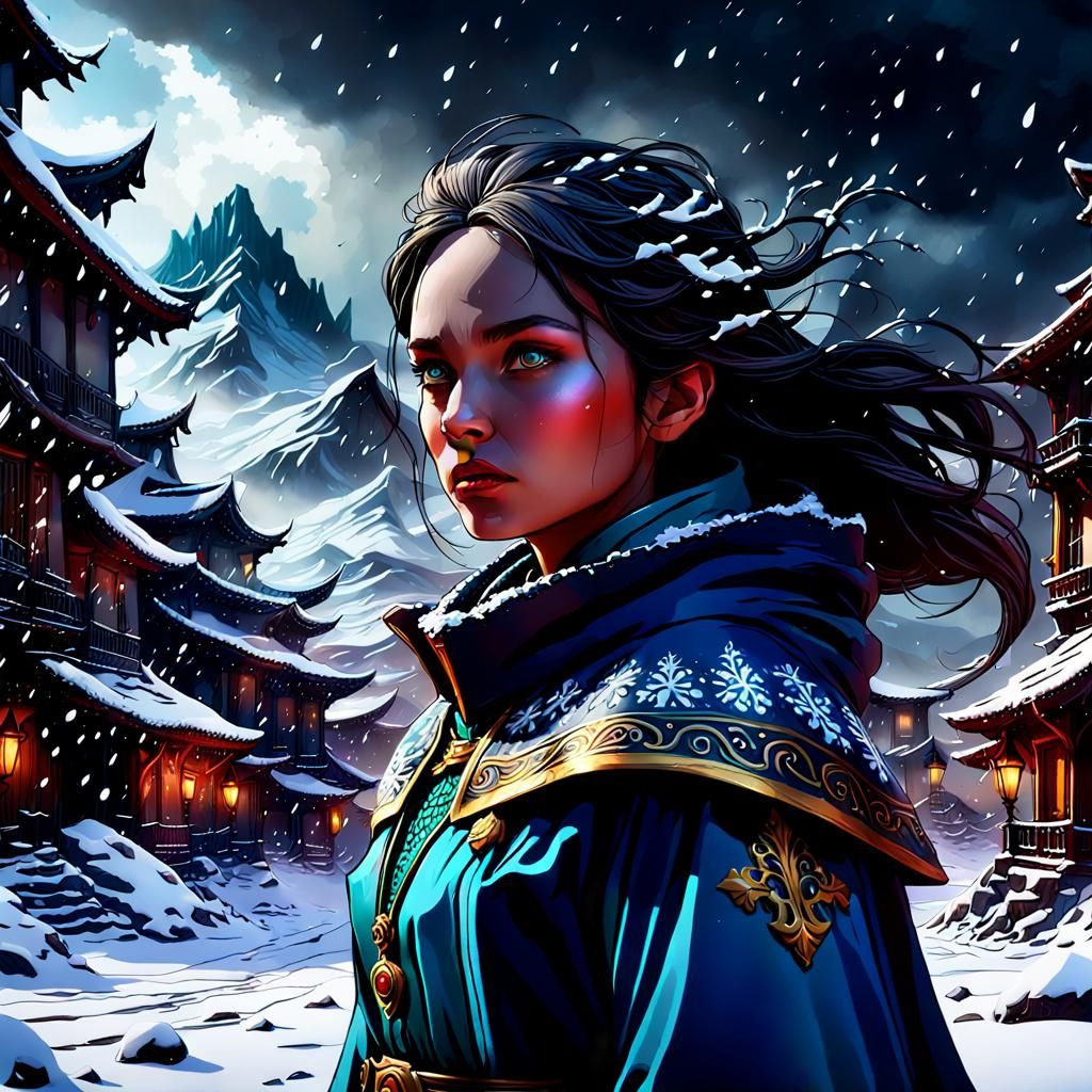 Woman in Snowy Storm, Matte Painting Style