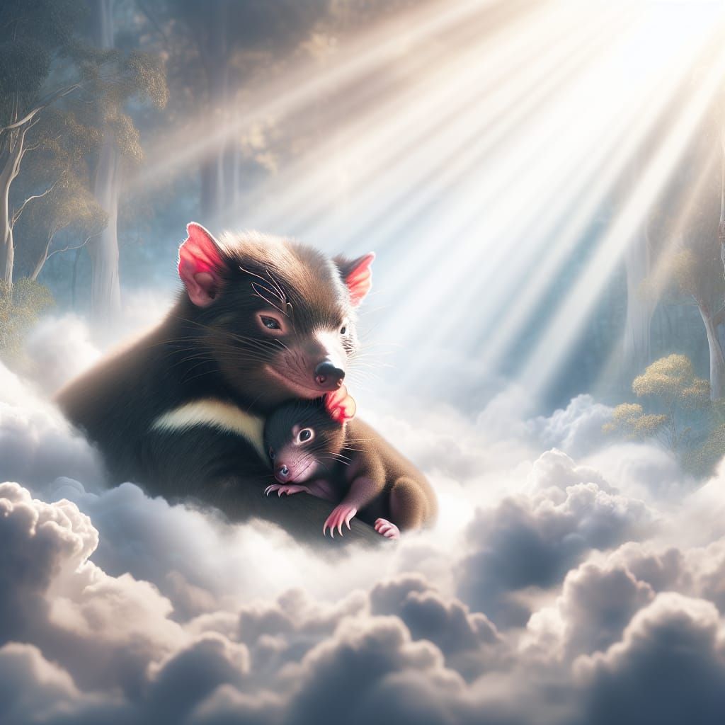 Tasmanian Devil Mother and Baby in Heavenly Cloudscape