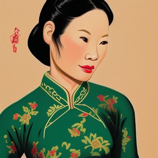 Lucy Liu in Dark Green Qipao Portrait