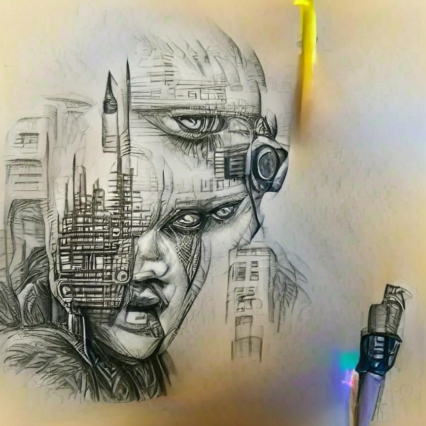 Detailed Cyberpunk Cityscape in Pencil Sketch Style