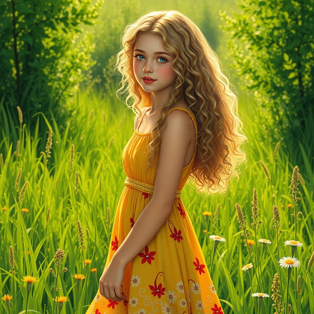 Girl with Blonde Hair in Art Nouveau Style