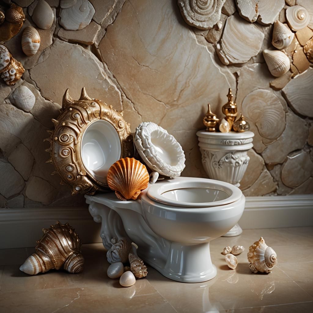 Ornate Seashells Beside a Porcelain Toilet: Fantasy Matte Pa...