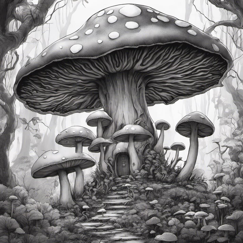 Enchanted Mushroom Forest: Black and White Ink Drawing