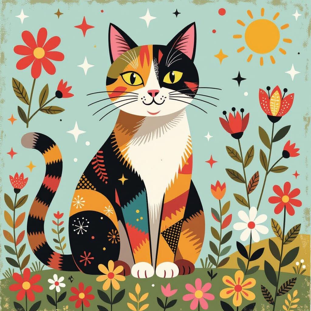 Calico Cat in Vibrant Folk Art Scene