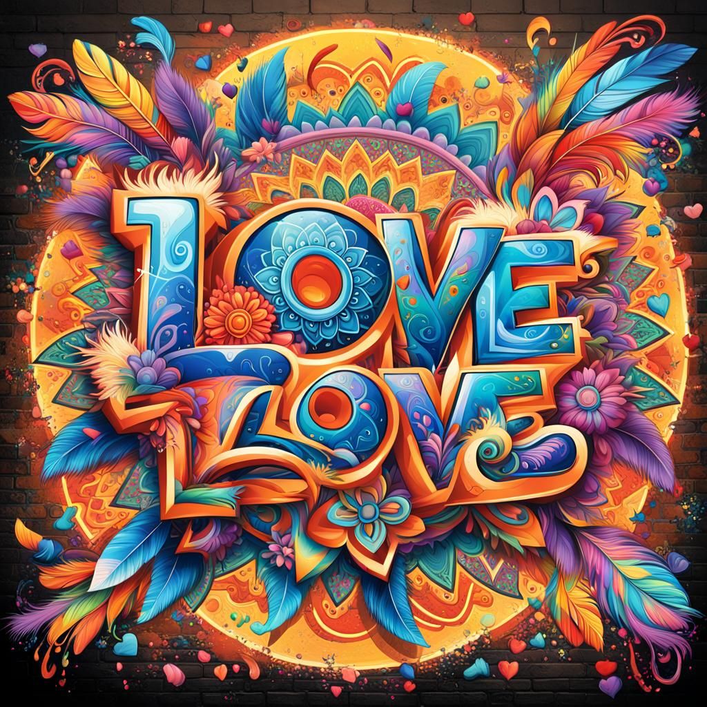 Graffiti LOVE Mural with Vibrant Mandala Background