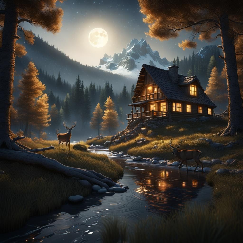 Moonlit Cabin in Pine Forest at Night