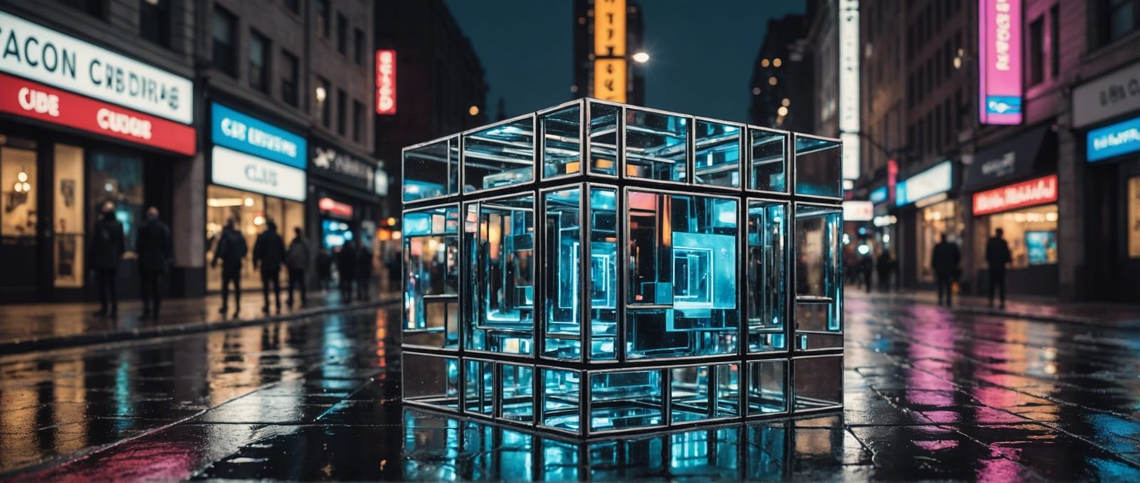 Futuristic Mirrored Cube Reflecting Cityscape