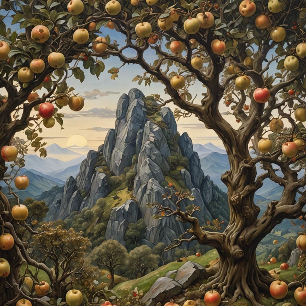 Glass Mountain on Golden Apple Tree in Pre-Raphaelite Style