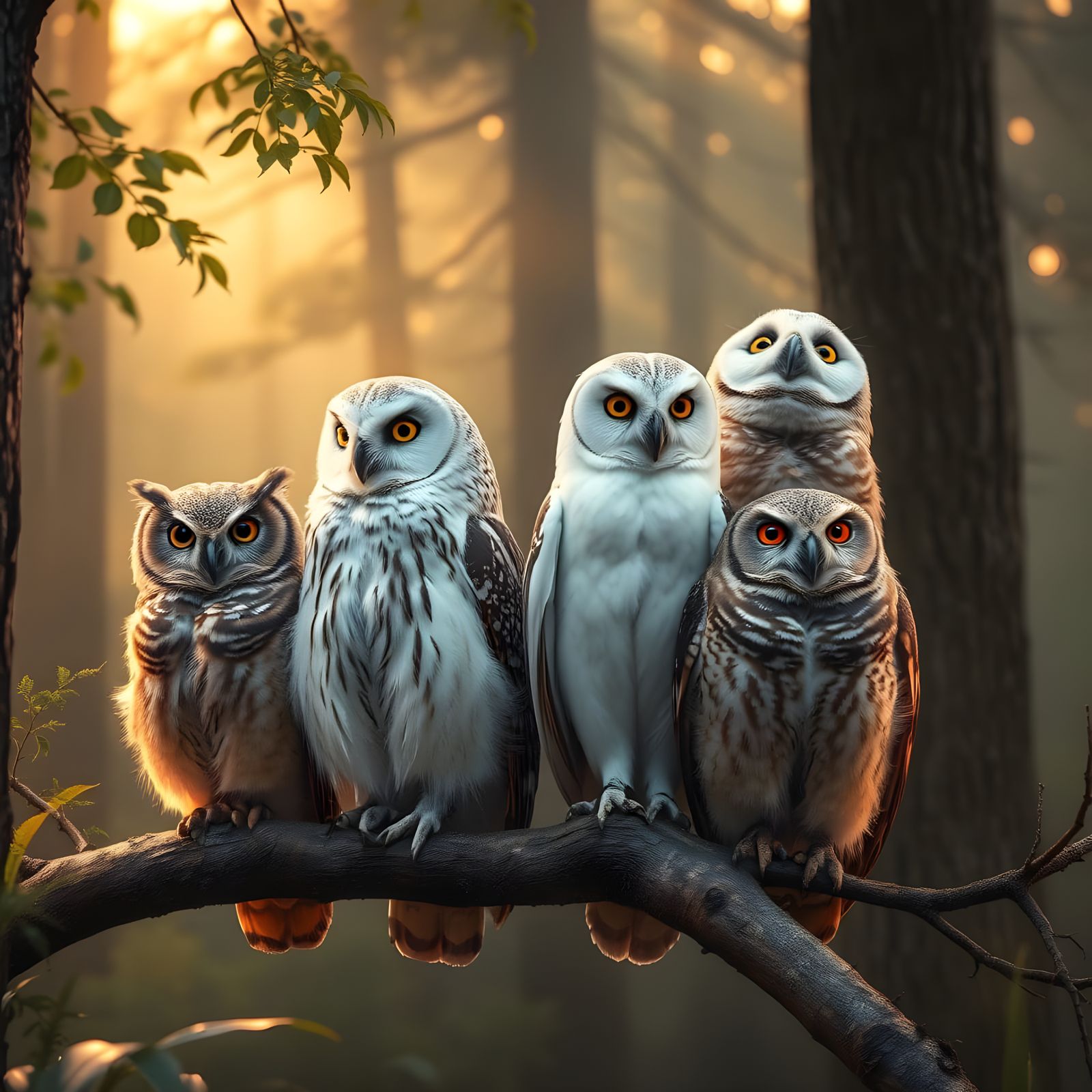 Four Owls Perched Together in a Misty Forest