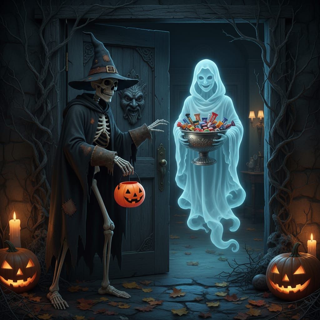 Skeleton Trick-or-Treater Meets Ghostly Candy Dispenser