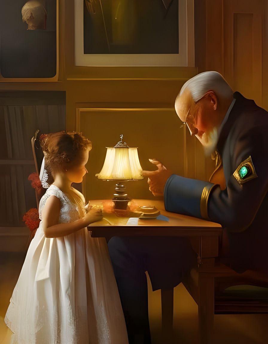 An Elderly Father Reading a Book To His Daughter In a Library