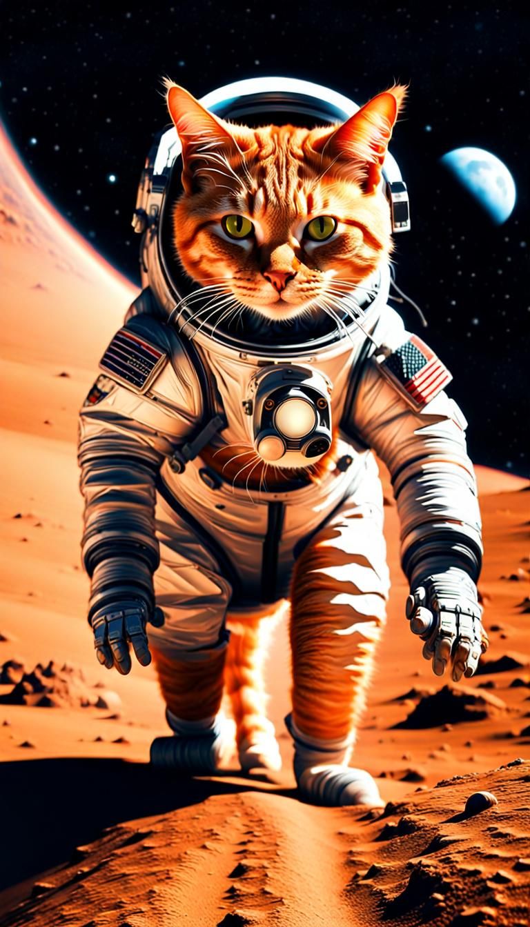 Orange Cat in Spacesuit on Mars in HDR