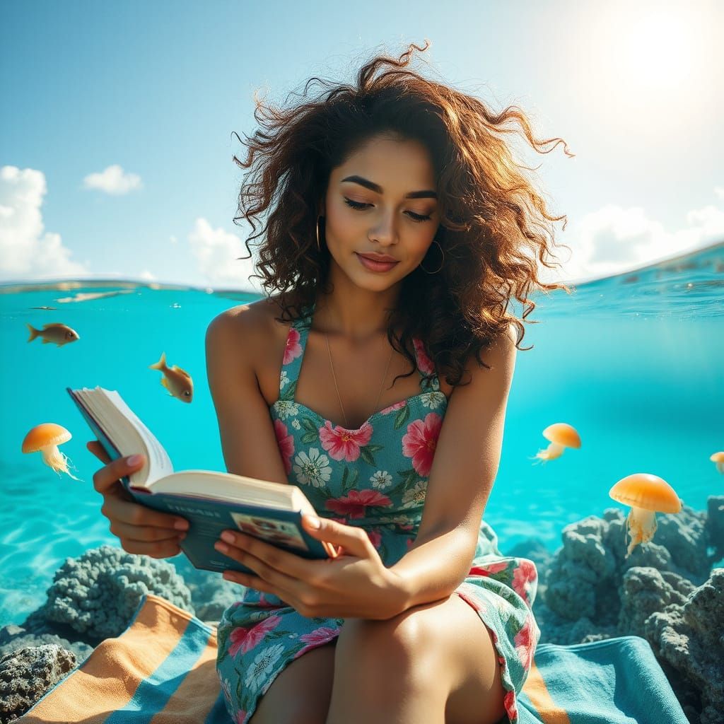 Surreal Beach Goddess Surrounded by Whimsical Underwater Wor...