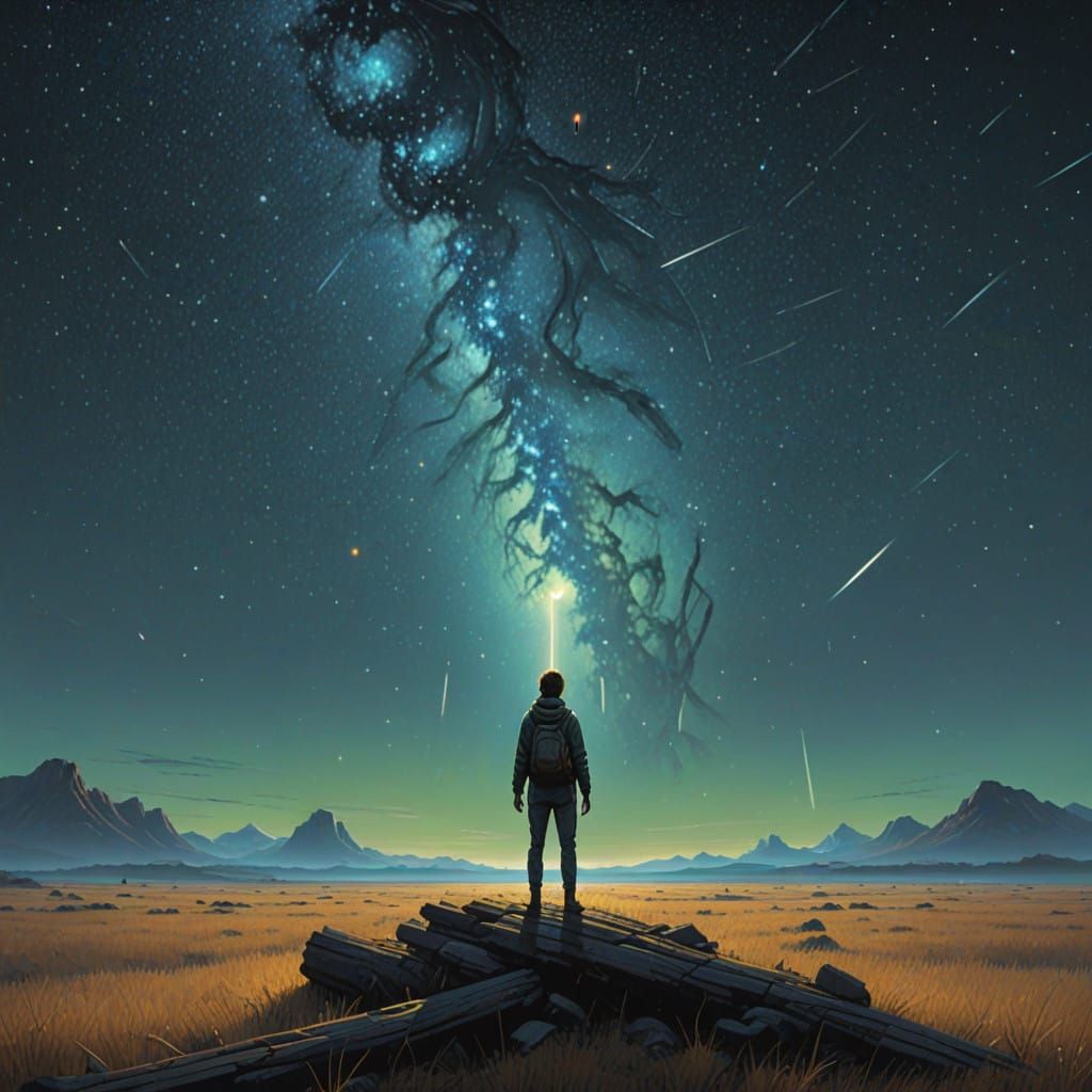 Figure in Ecstasy Under Starry Night Sky