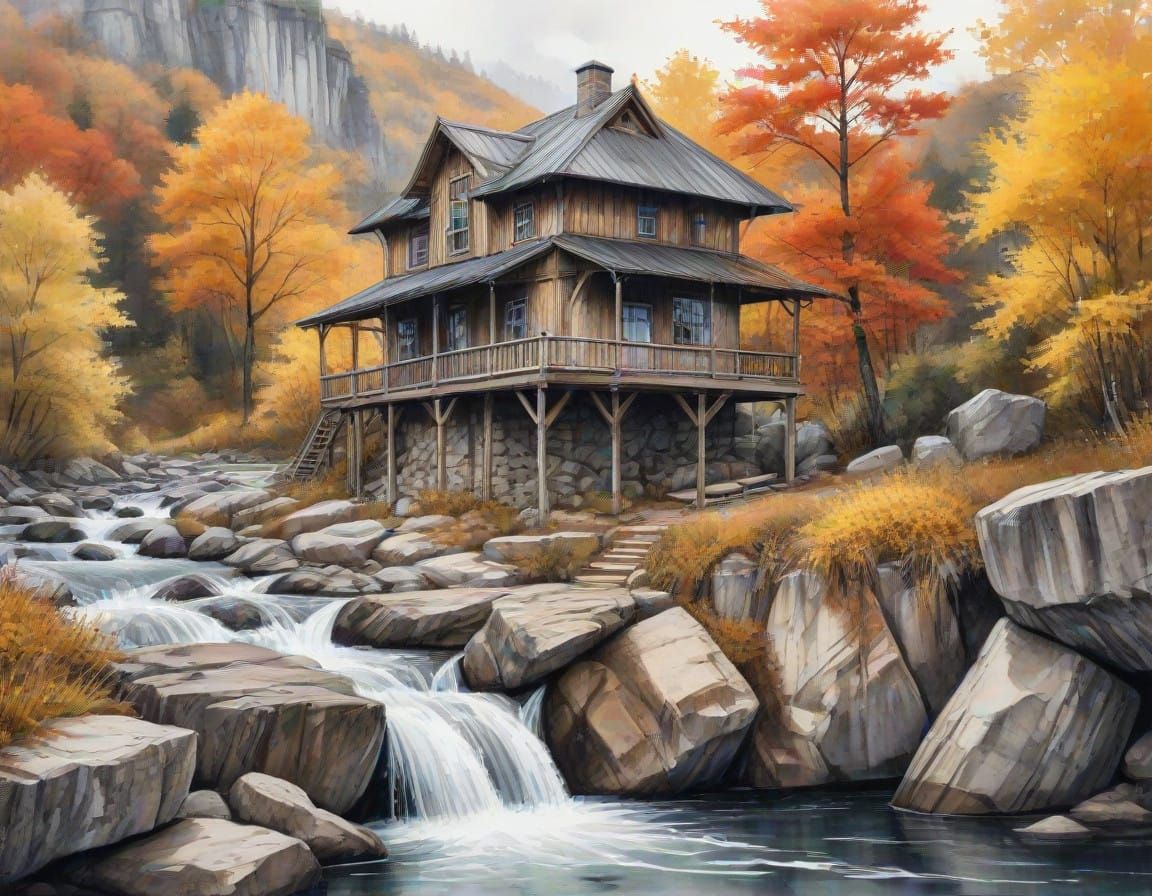 Autumn House with Waterfall in Vibrant Ink Marker Style