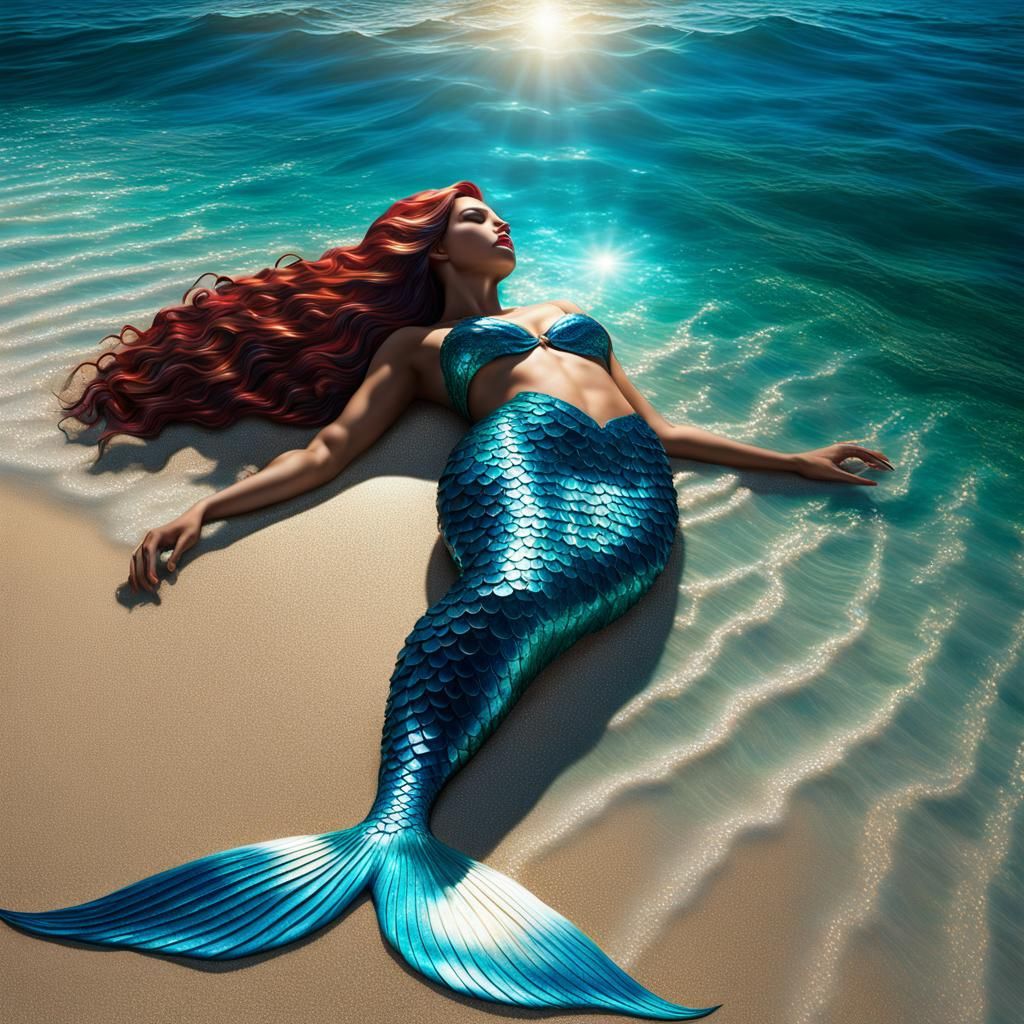 Photorealistic Mermaid Shimmers on Tropical Beach