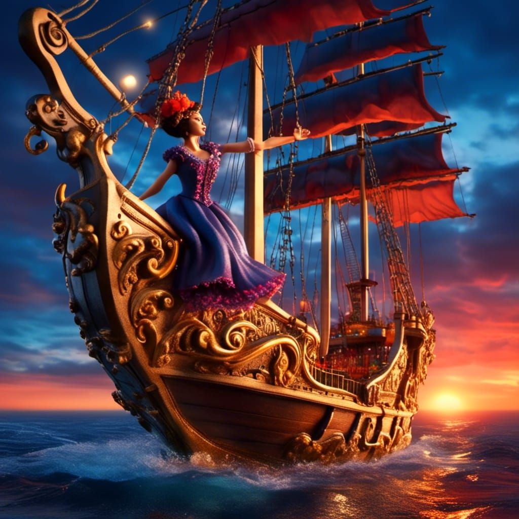 Galleon with Flamenco Dancer Figurehead at Twilight