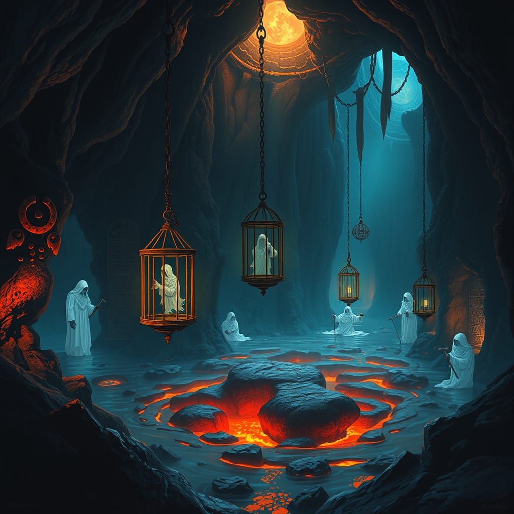 Mystical Lava Cave with Suspended Cages and Ascended Immorta...