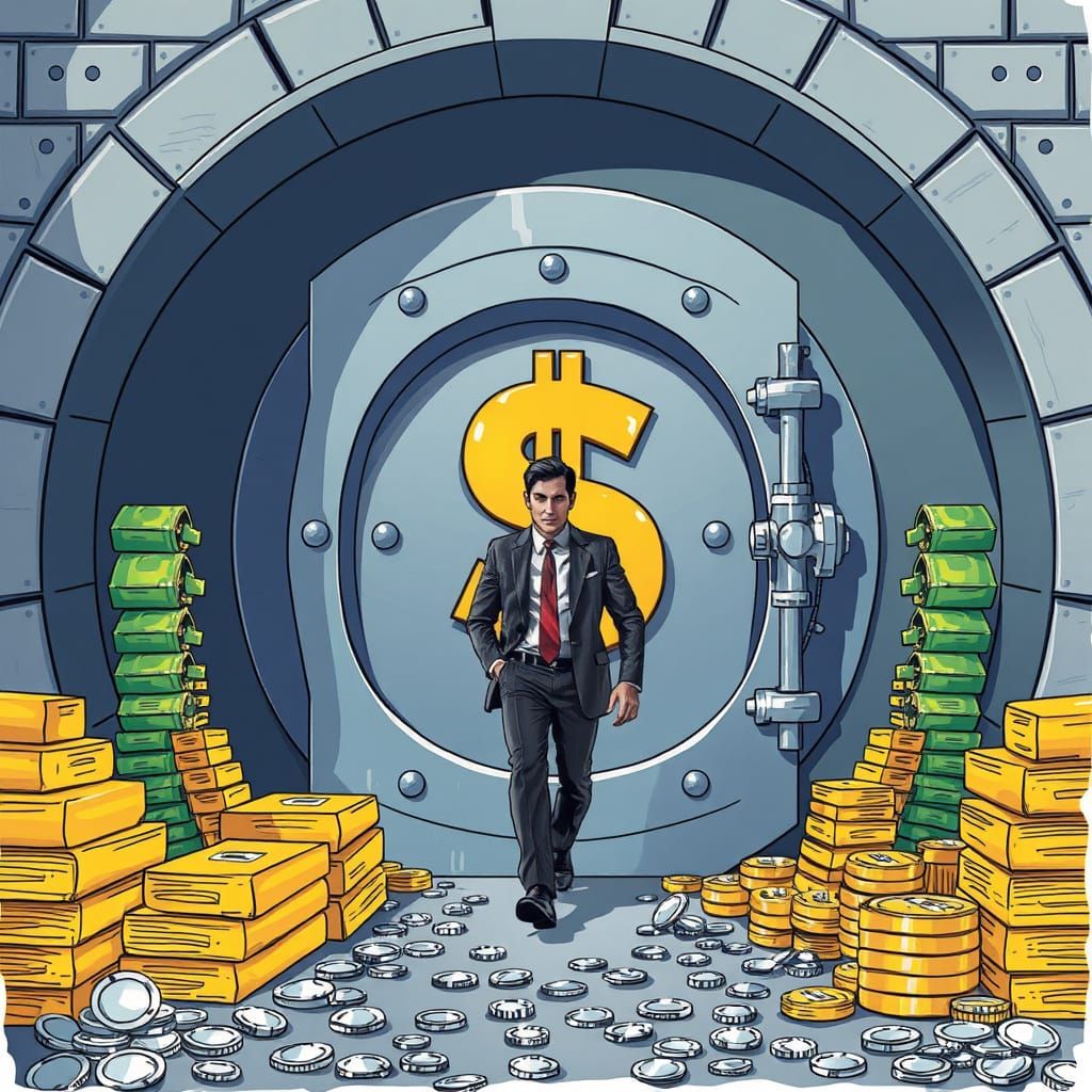Businessman in Vault of Gold and Cash