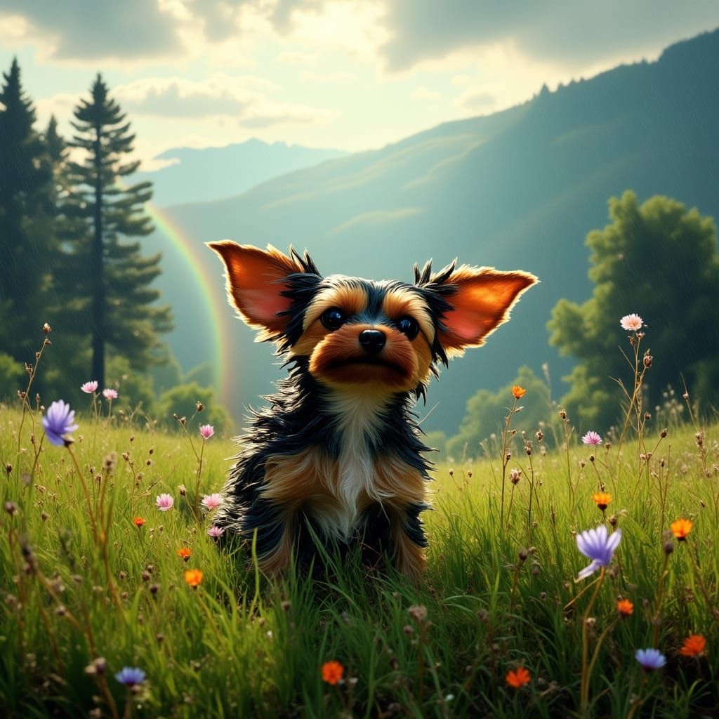 Gizmo in Sunlit Meadow with Rainbow, Cinematic Film