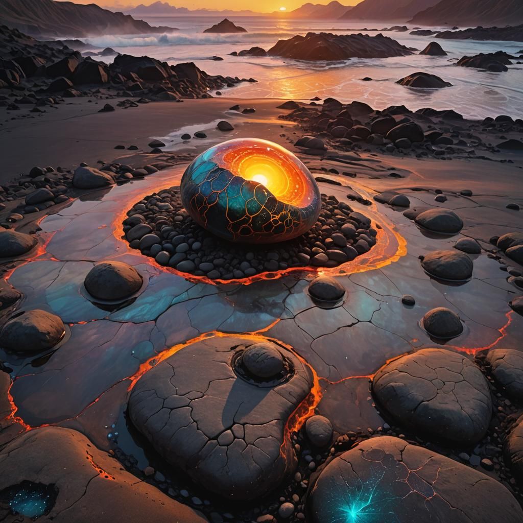 Glowing Pebble on Volcanic Rock: Fantasy Art