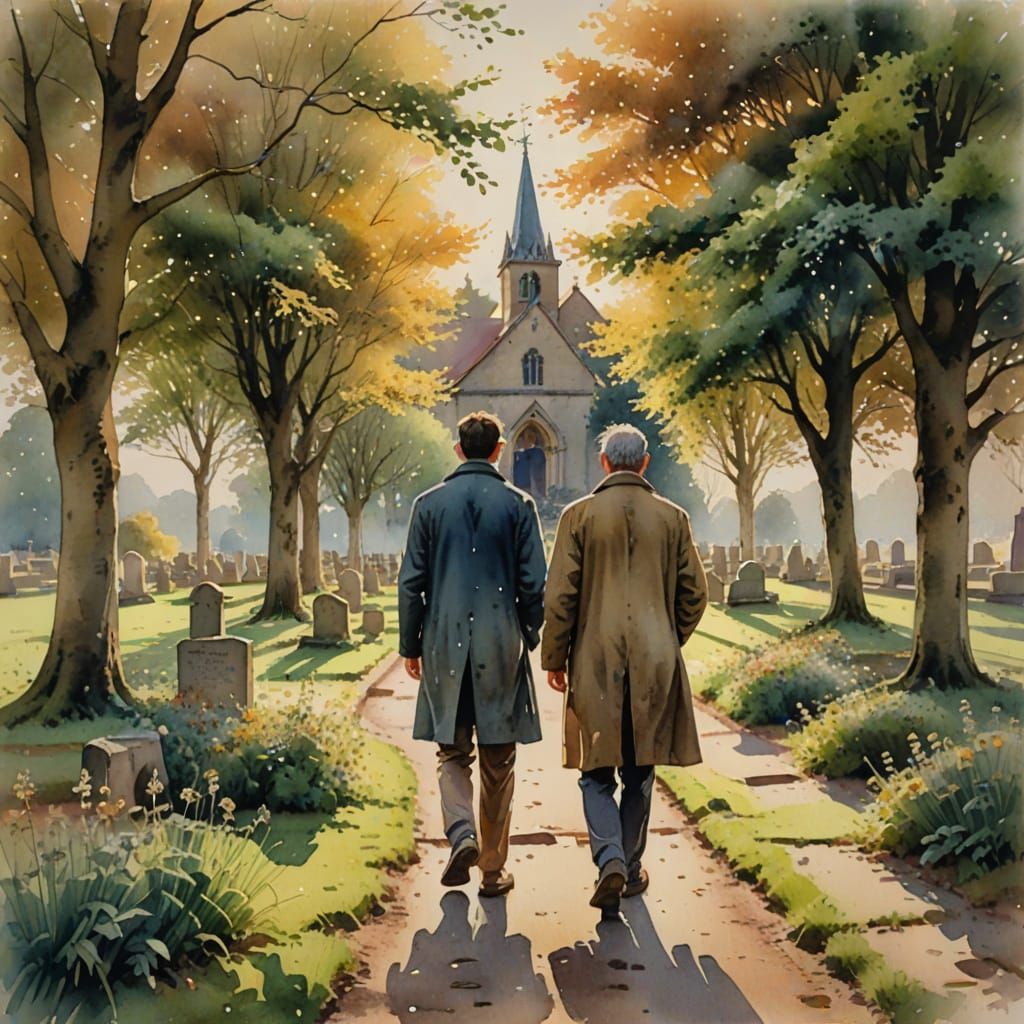 Watercolor Churchyard Scene with Golden Lighting