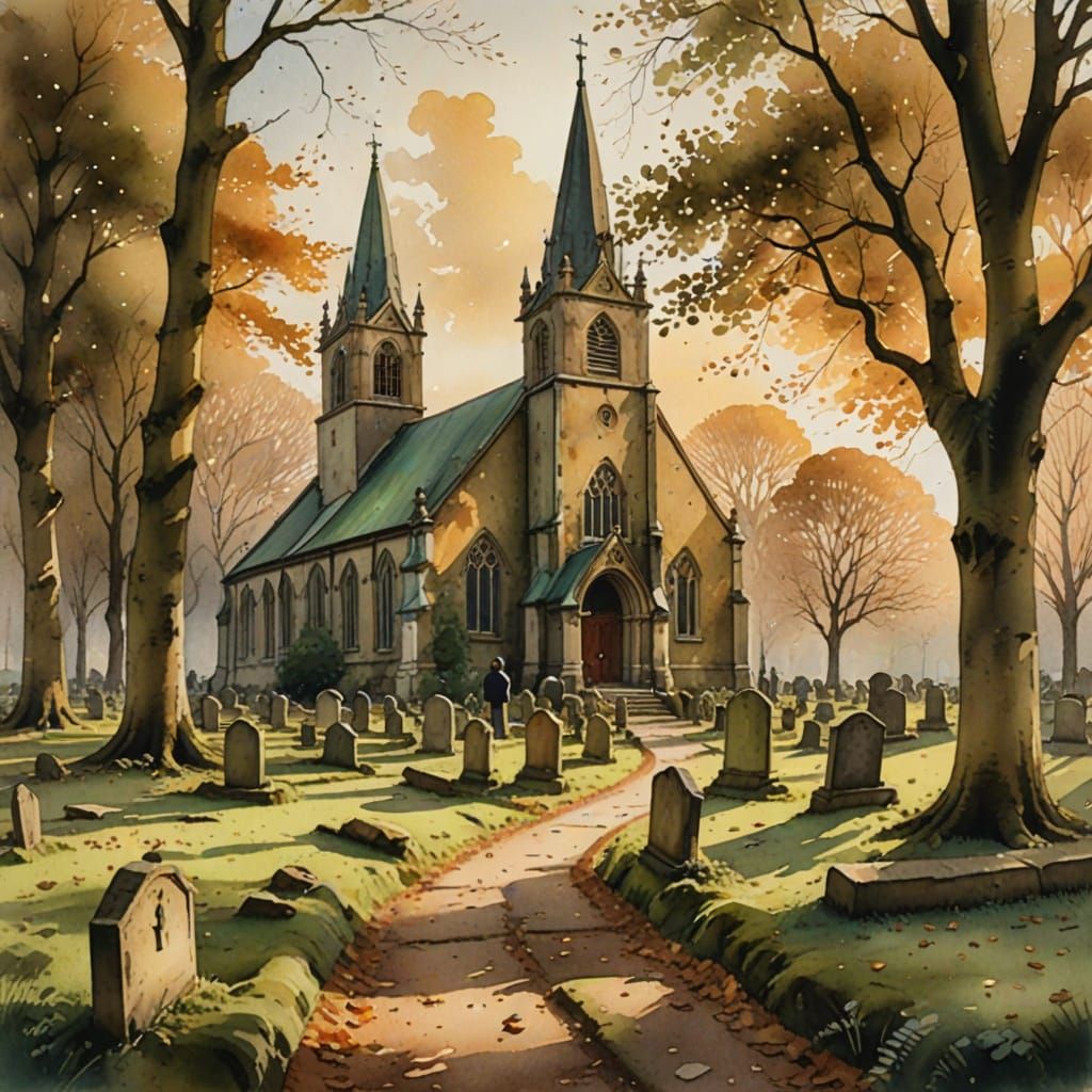 Autumnal Churchyard Scene in Watercolor Style