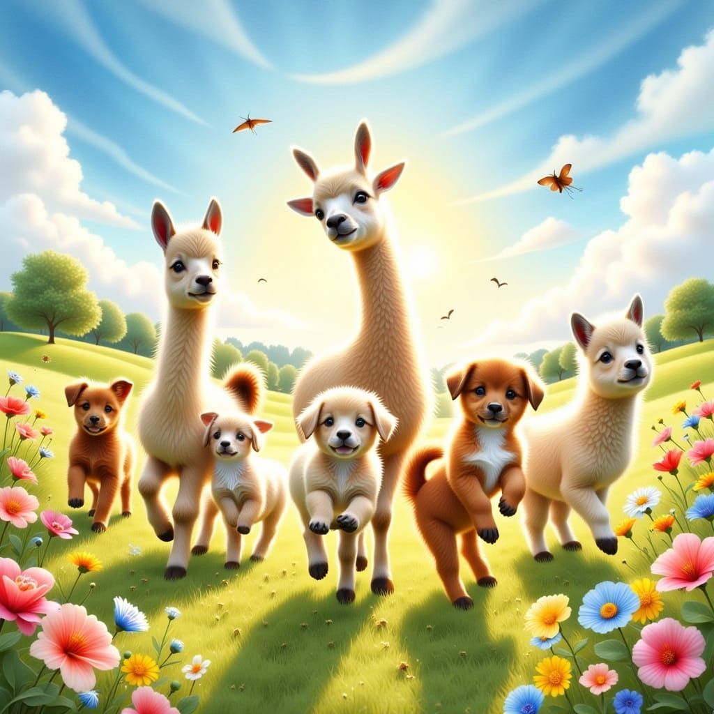 Joyful Meadow Scene in Whimsical Watercolor Style