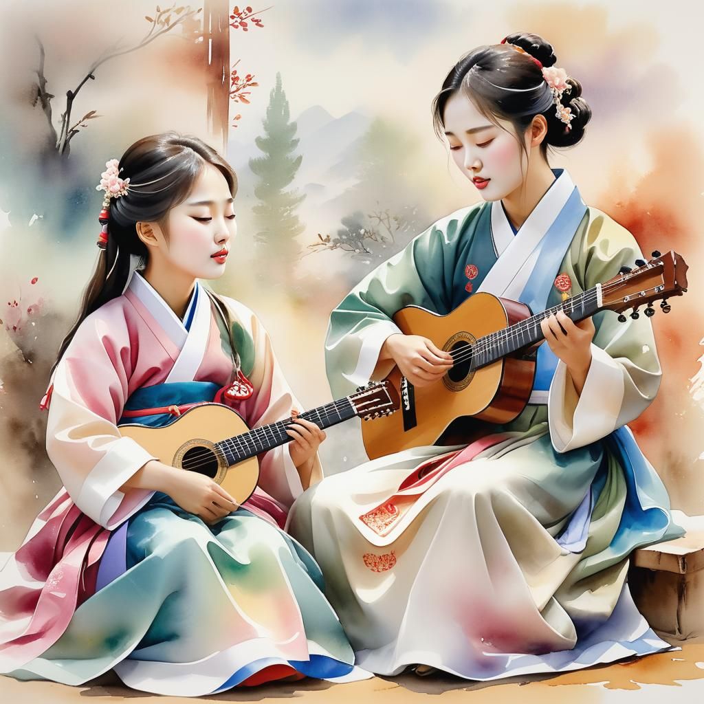 Serene Korean Watercolor Painting with Musicians