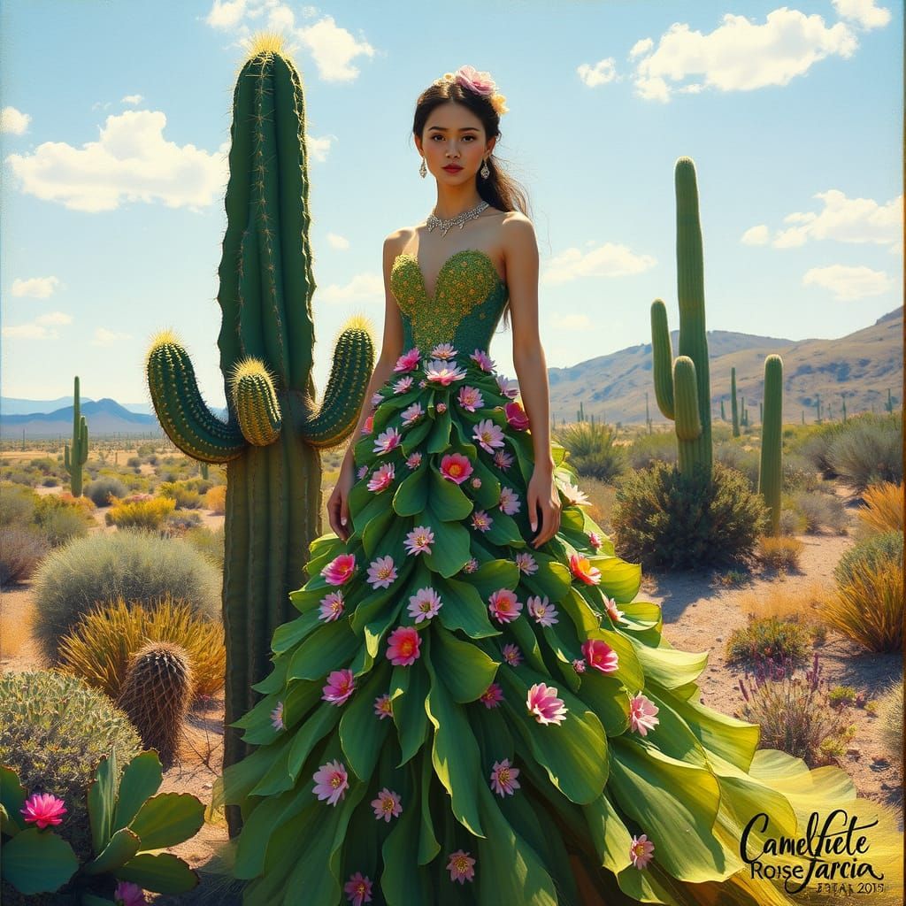 Cactus Gown in Desert Landscape: Impressionist Style