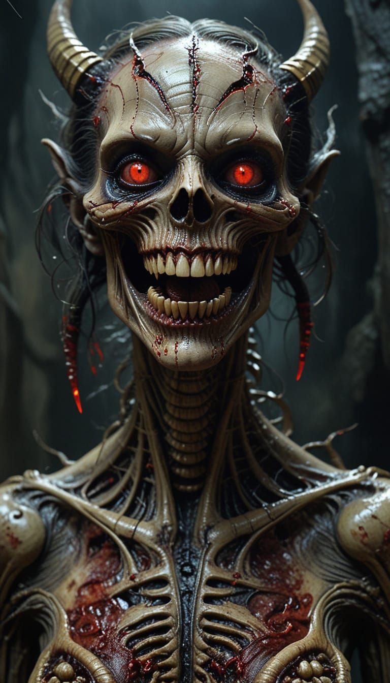 Surreal Oil Painting of a Grotesque Demon Woman