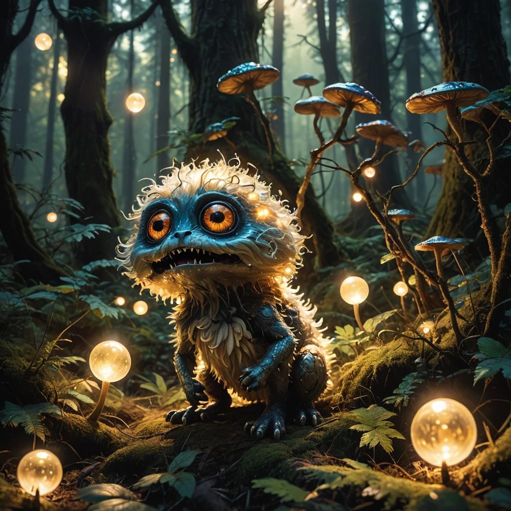 Fluff Monster Plays with Glowing Orbs in Forest