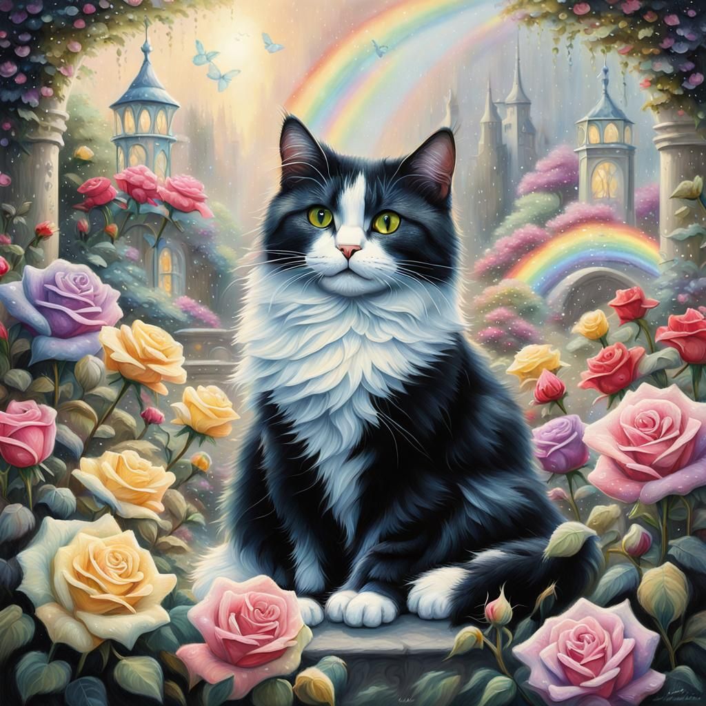 Black and White Cat in Rainbow Rose Garden