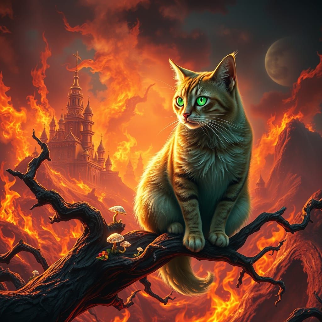 Regal Cat Watches Inferno in Fantasy Landscape