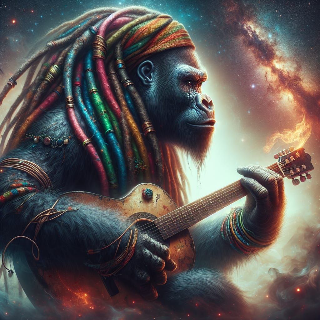 Gorilla with Dreadlocks Playing Guitar as Matte Painting