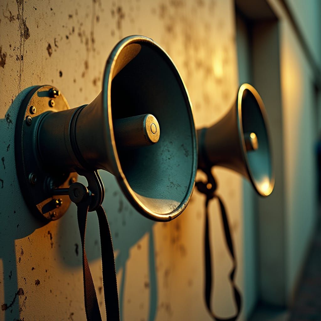 Vintage Bullhorns on Concrete Wall in Cinematic Style