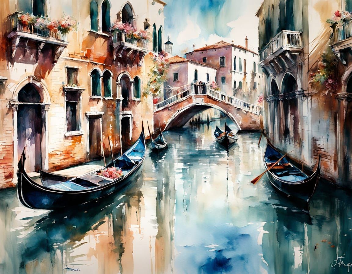 "A serene and sunlit canal in Venice painted in a highly detailed, realistic watercolor style. Warm ochre and terracotta...