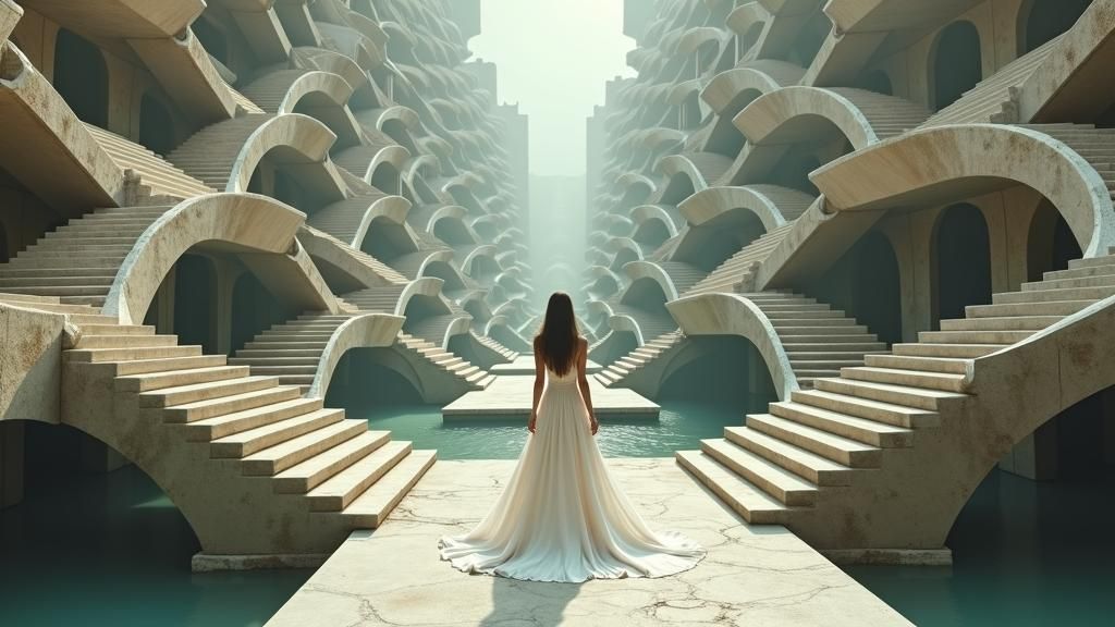Woman on Impossible Stairs: Surreal Dreamscape